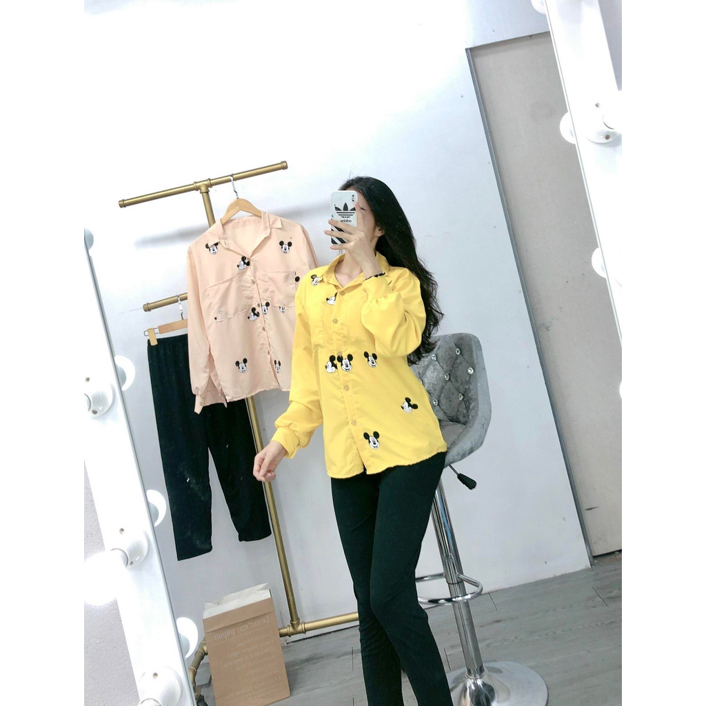 Set áo sơ mi quần legging dài, áo in hình chuột mickey cho nữ mặc nhà, mặc đi chơi, đủ màu cực tôn da, siêu xinh