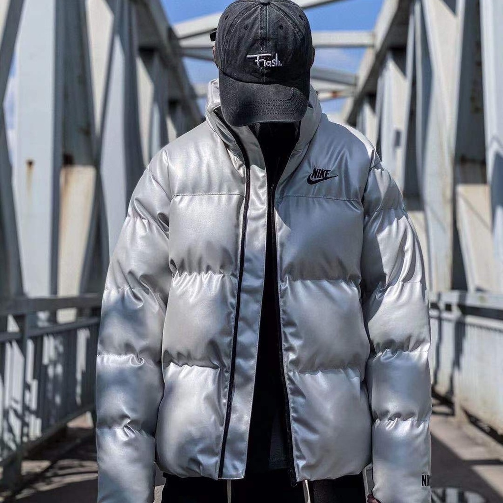 Áo khoác phao thêu logo Nike màu đen/bạc thời trang mùa đông