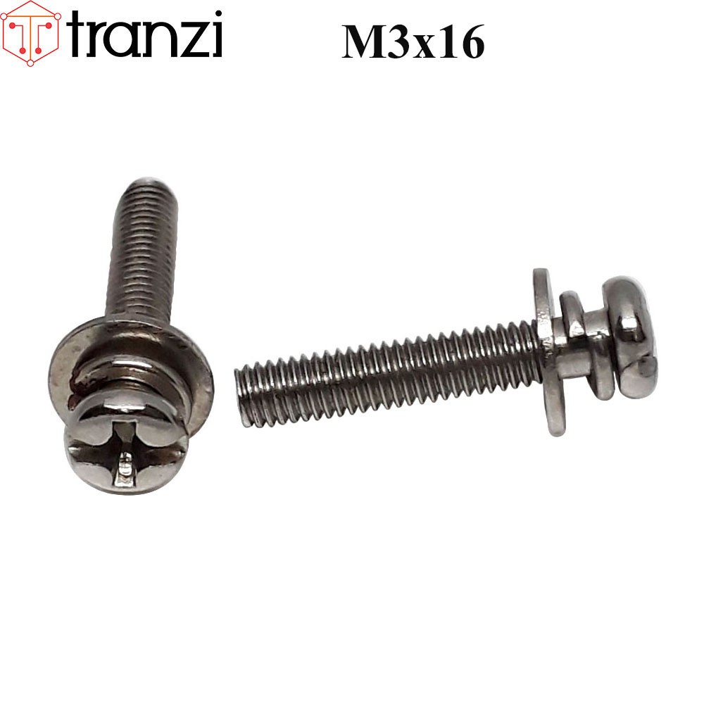 Vít bake kèm long đen phẳng vênh đầu cầu mạ niken M3x16 - túi 50 cái