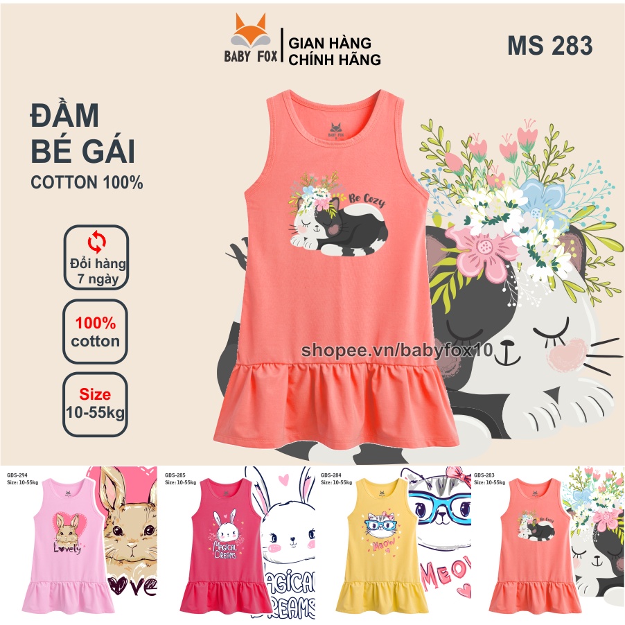 Đầm thun bé gái 100% cotton loại tốt, thương hiệu BABY FOX, in hình mèo, thỏ dễ thương  d