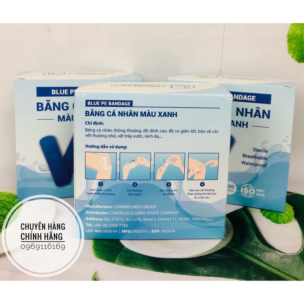 Băng keo cá nhân màu xanh Hộp 100 miếng - Băng sơ cứu vết thương Liworlco