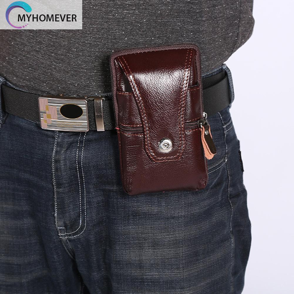 myhomever Men Genuine Leather Waist Bag Business Waterproof Phone Belt Bum Zip Pouch