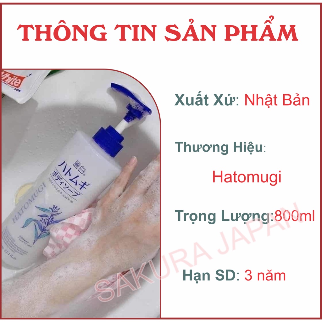 Sữa tắm Hatomugi hạt ý dĩ giúp dưỡng ẩm cho da mềm mịn trắng sáng chai 800ml Nhật Bản