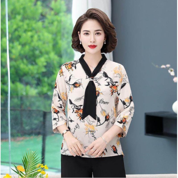 [Hàng Có Sẵn] Áo Sơ Mi Chiffon Tay Lửng Cổ Chữ v In Họa Tiết Hoa Cho Phụ Nữ Trung Niên