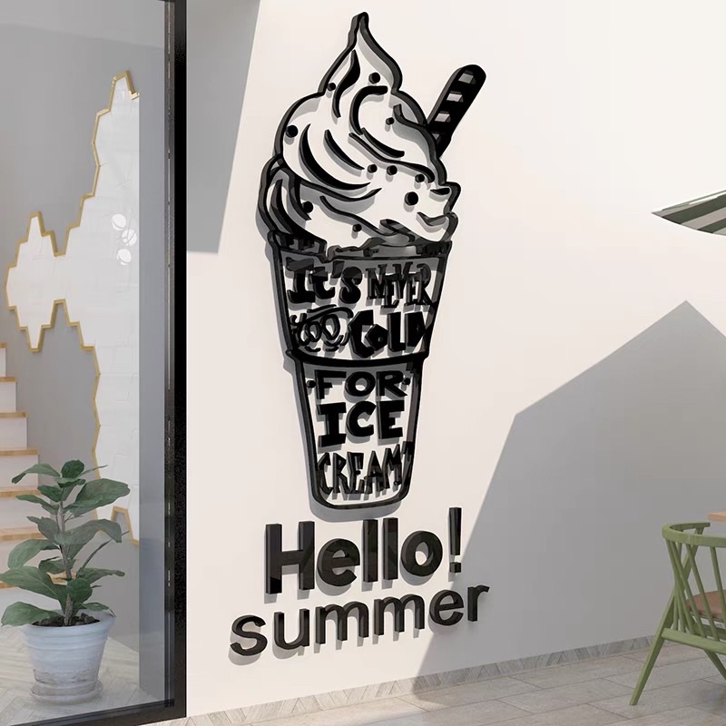 Tranh dán tường mica kem sweet trang trí quán kem, dán tủ lạnh