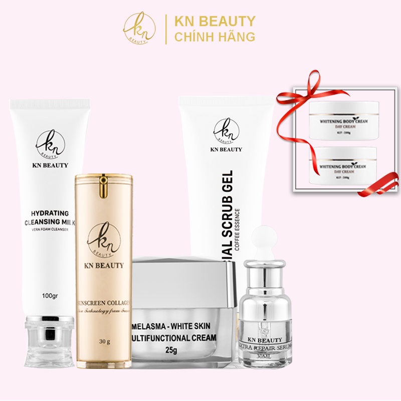 Bộ 5 sản phẩm Ngừa Nám Trắng Da KN Beauty gồm: Kem dưỡng + Serum + Sữa rửa mặt + Tẩy tế bào chết + kem chống nắng
