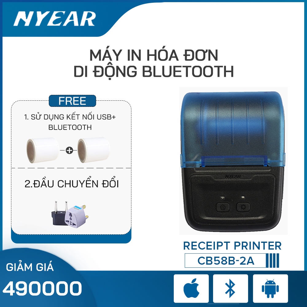 Máy In Hóa Đơn Di Động NYEAR CB58B-2A, Máy In Nhiệt Bỏ Túi, Máy In Bill Kết Nối Diện Thoại, Hỗ Trợ Cho Android IOS Windows