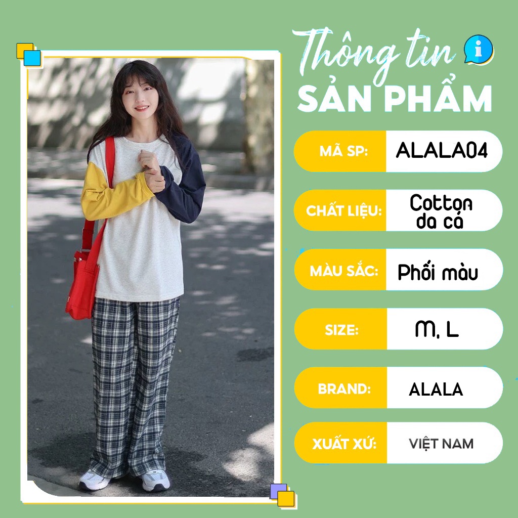 Áo thun nữ dài tay cổ tròn phối 3 màu ALALA áo thu đông nữ thời trang Hàn Quốc dáng rộng