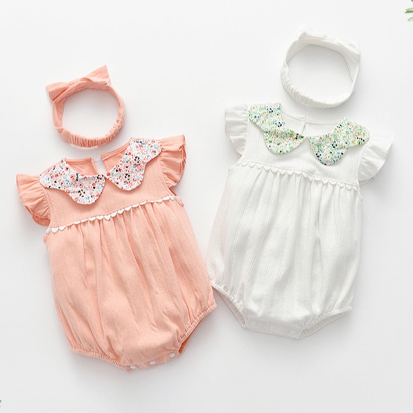 Set body cánh tiên cotton cổ sen đầy tháng cho bé gái 0-24M (kèm nơ xinh)