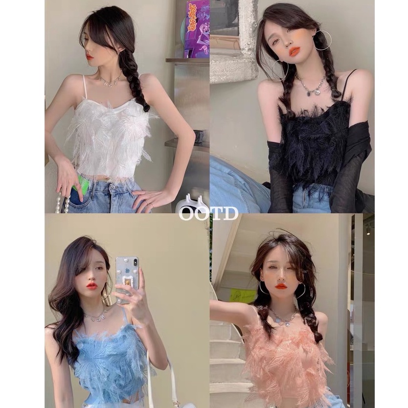Áo C-roptop nữ hai dây 4 mùa có ren cách tiên 4 màu chất đẹp dế phối thu đông mẫu sexy hút mắt người yêu họa tiết