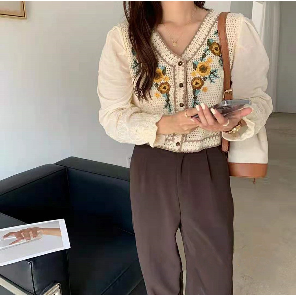 SUXI Áo Sơ Mi Dài Tay Cổ Chữ V Thêu Trang Trí Phong Cách Retro Thời Trang Mùa Thu Dành Cho Nữ