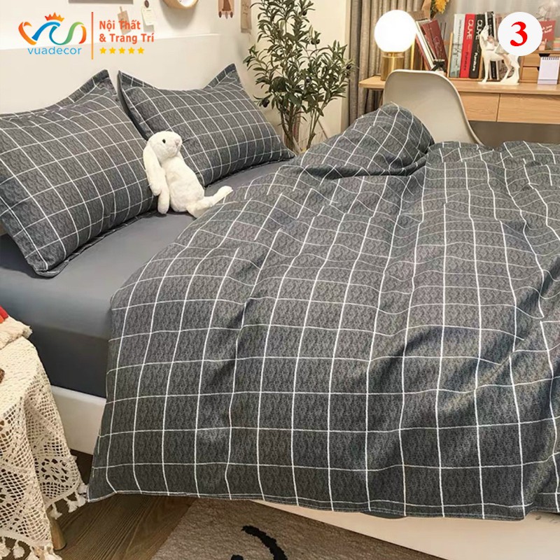 Set vỏ chăn ga gối cotton VUADECOR họa tiết kẻ caro trang trí, decor phòng ngủ phong cách Hàn Quốc cao c