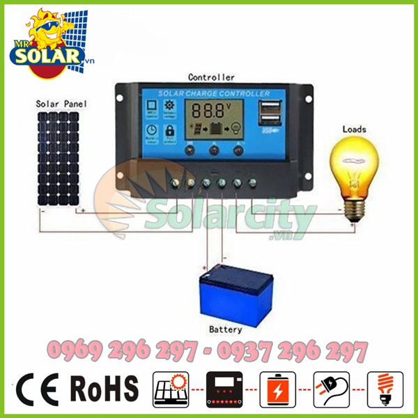 Điều khiển sạc năng lượng mặt trời PWM 20A có màn hình LCD