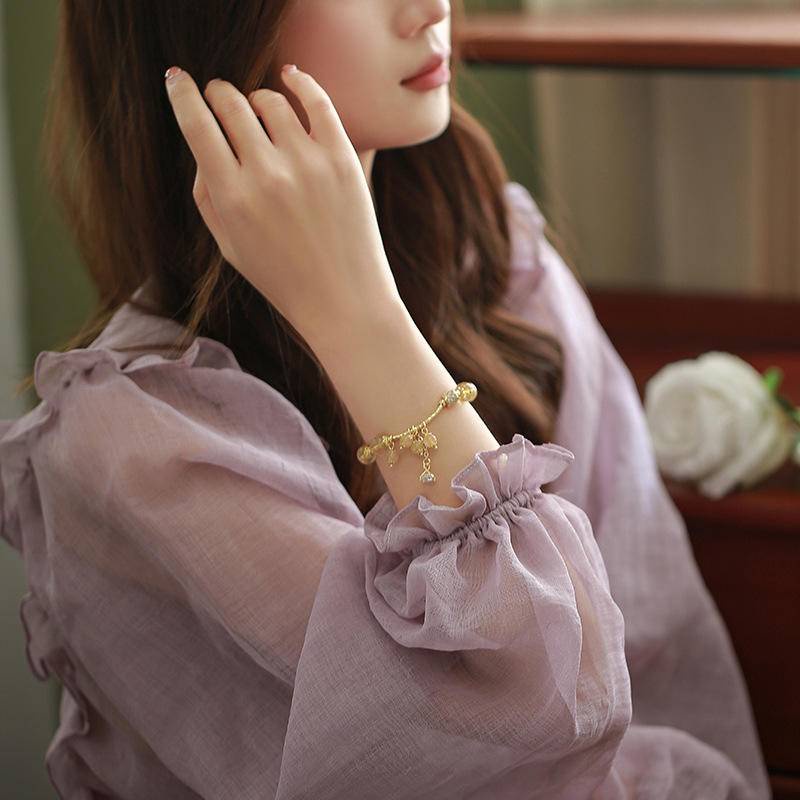 Vòng Đeo Tay Bằng Titan Đính Pha Lê Màu Vàng Đào / Hoa Đào Xinh Xắn đá phong thuỷ vòng tay Chính Hãng Thạch anh