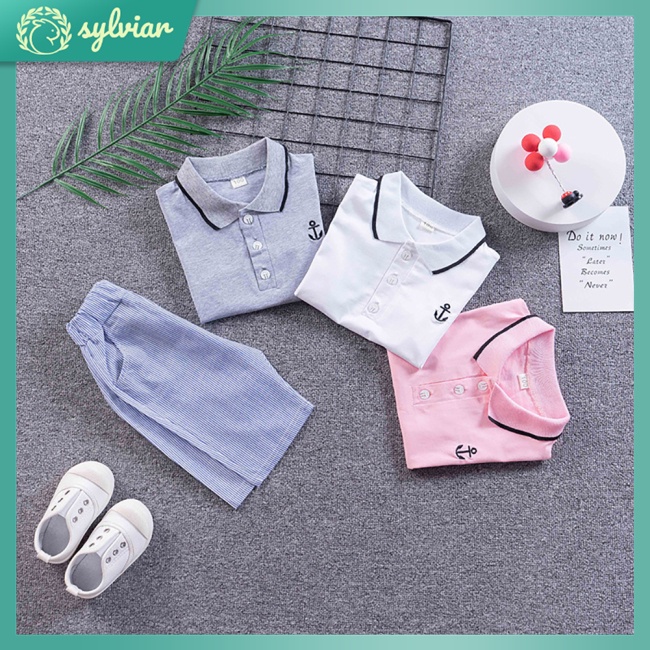 Set Đồ 2 Món Gồm Áo Thun Polo Tay Ngắn Cổ Bẻ Thêu Hình Mỏ Neo + Quần Short Cho Bé Trai