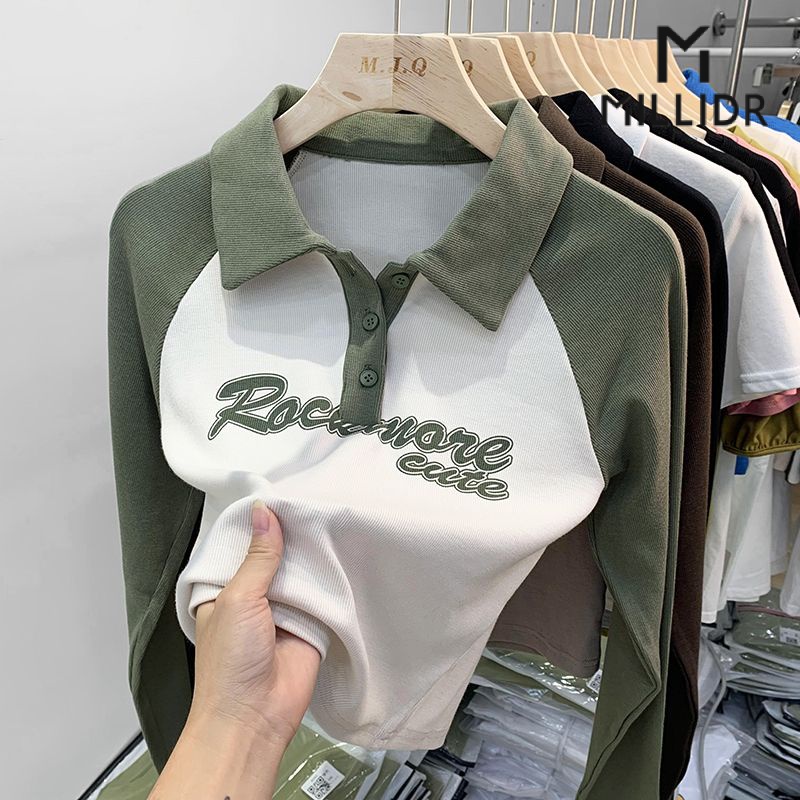 Áo Thun Nữ Dài Tay Có Cổ polo Màu Trơn Phong Cách Retro Mùa Thu Mới
