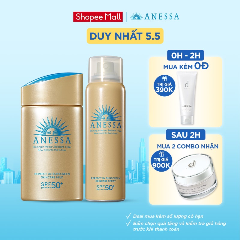 Bộ đôi xịt và sữa chống nắng Anessa(Perfect UV Gold Spray 60g+ Gold Milk 60ml)