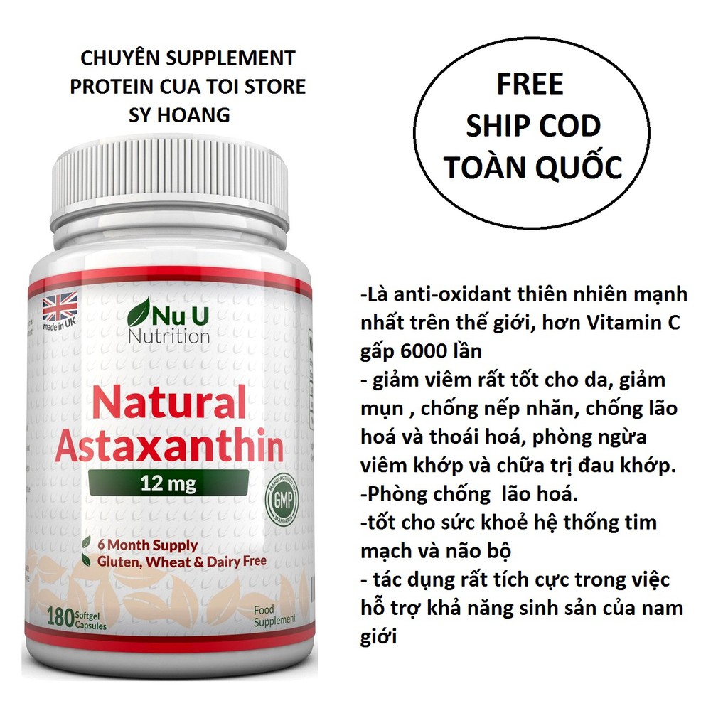 Viên uống bổ sung ASTAXANTHIN - 180v -12MG - Nu U Nutrition  - tăng sức đề kháng chống oxi hóa