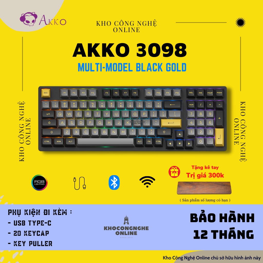 Bàn phím cơ AKKO 3098B Multi-modes Black Gold (Bluetooth 5.0 / Wireless 2.4Ghz / Hotswap / Foam đáy / Jelly switch)