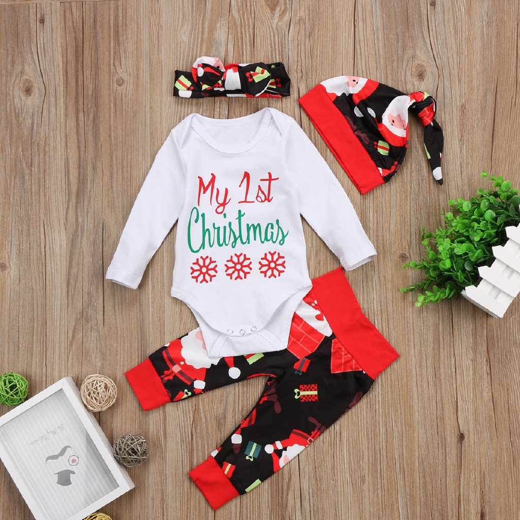 Christmas Newborn Baby Boy Girl Santa Tops Romper Bodysuit Pants Hat Outfits Set