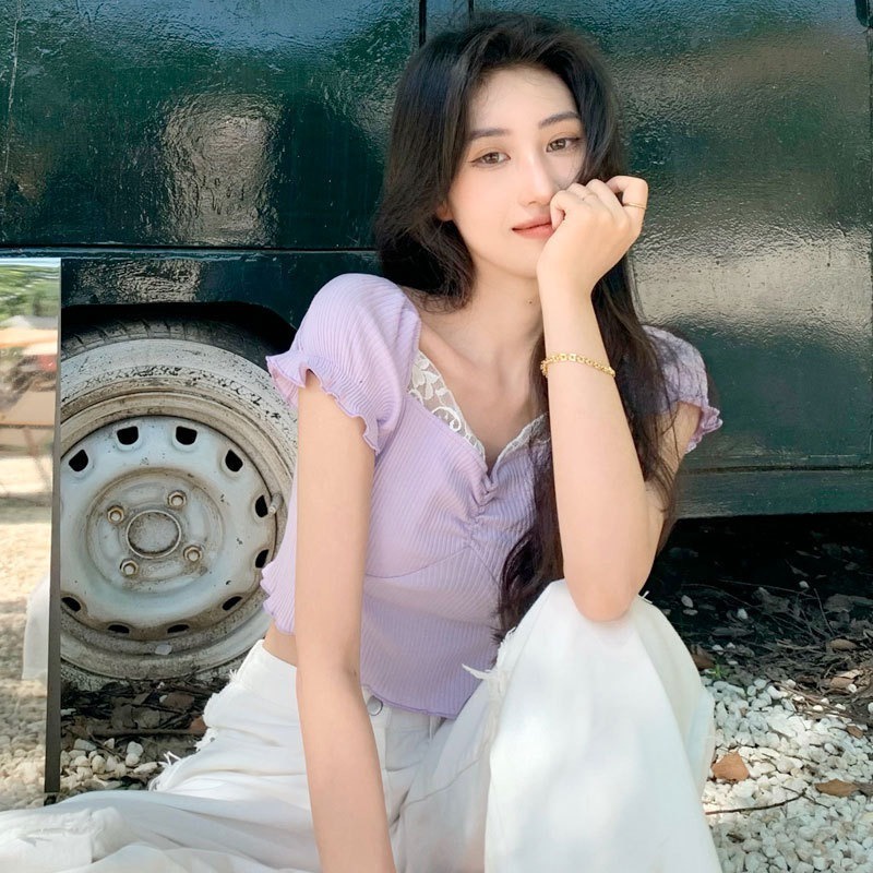 【ZHELIHANGFEI】 / Niche Áo Ngắn Tay Cổ Vuông Eo Cao Hở Rốn Màu Tím Ngọt Ngào Mùa Hè
