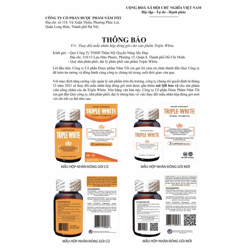 Viên Uống TRIPLE WHITE Trắng Da, Giảm Nám Sạm Hàng Công Ty (Hộp 50 viên)