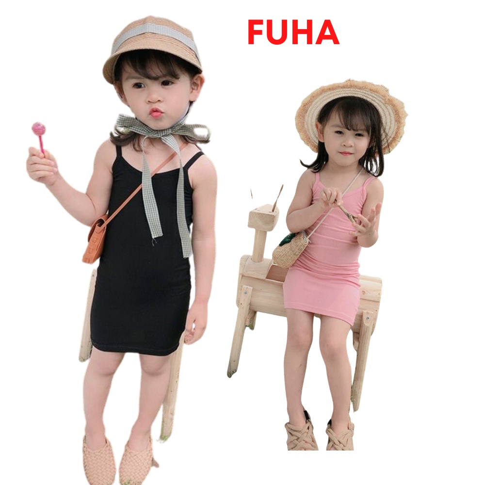 Váy 2 dây ôm body cho bé FUHA, đầm trơn chất liệu cotton 4 chiều bé 12kg đến 20kg