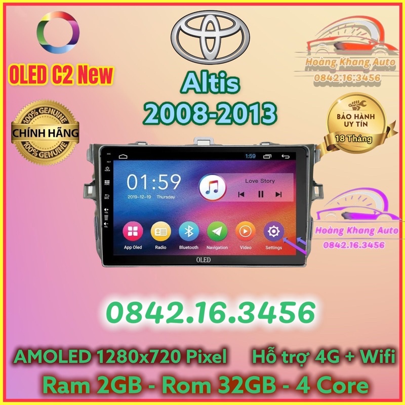 Màn hình Android OLED C2 New theo xe Altis 2008 - 2013. 9 inch kèm dưỡng và jack zin