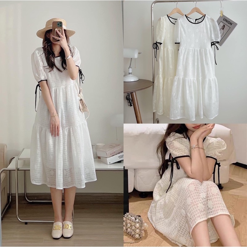 Váy babydoll cộc tay viền cổ đen tay nơ tiểu thư