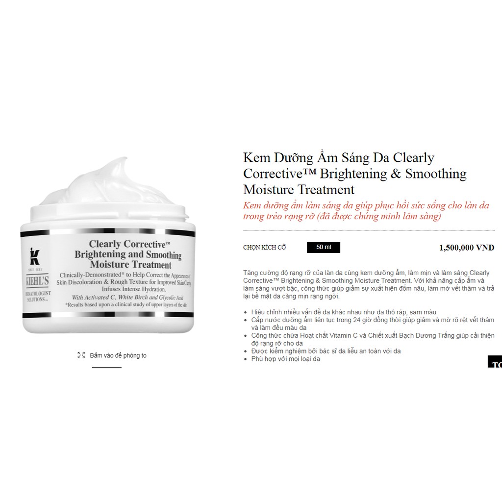 Gói Kem Dưỡng Ẩm Sáng Da kiehl's  Clearly Corrective™ Brightening & Smoothing Moisture Treatment