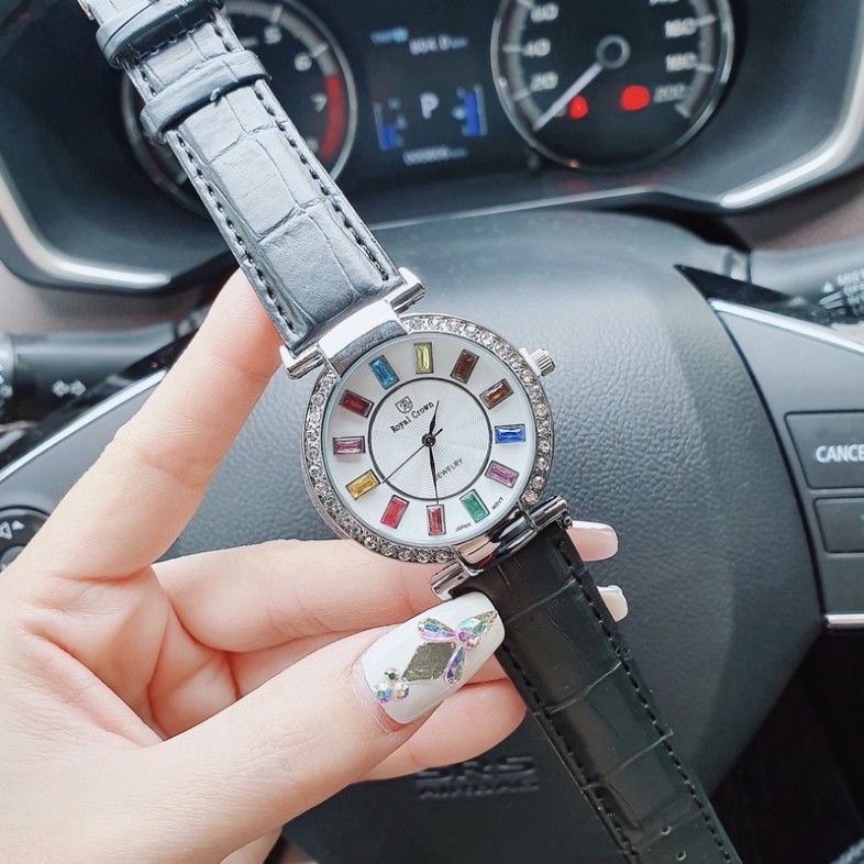 Đồng hồ nữ dây da Royal viền đá sang chảnh thời trang