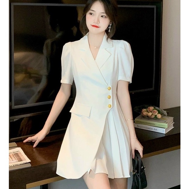 Đầm váy nữ kiểu vest sơ mi dự tiệc công sở dạo phố đen trắng tay ngắn thanh lịch