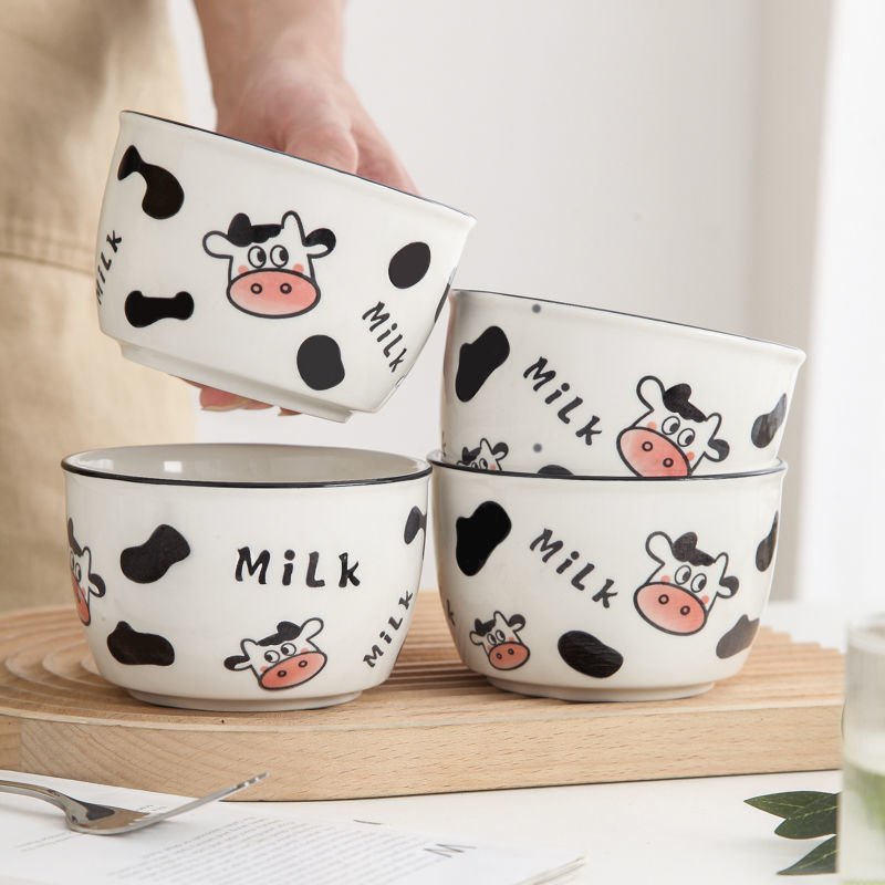 Chén đĩa, bát ăn bằng gốm sứ họa tiết bò mũi hồng dễ thương ngộ nghĩnh.