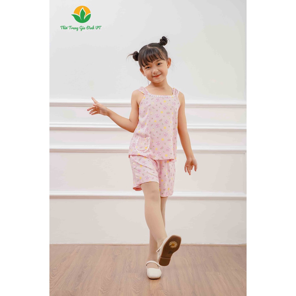 Bộ đồ lanh quần đùi áo hai dây cổ ren bé gái Việt Thắng chất lanh mềm mại, thoáng mát B62.2205