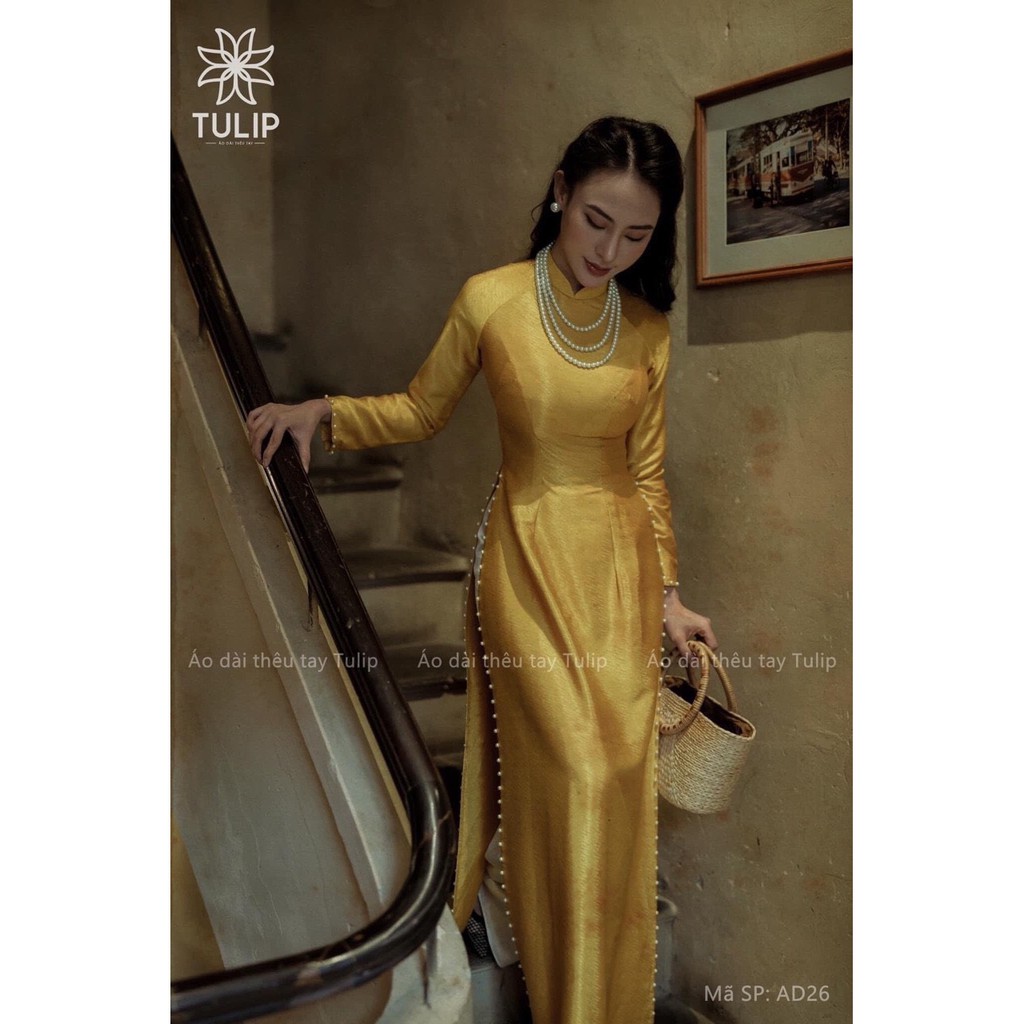 ÁO DÀI LỤA VÂN GỖ VÀNG
