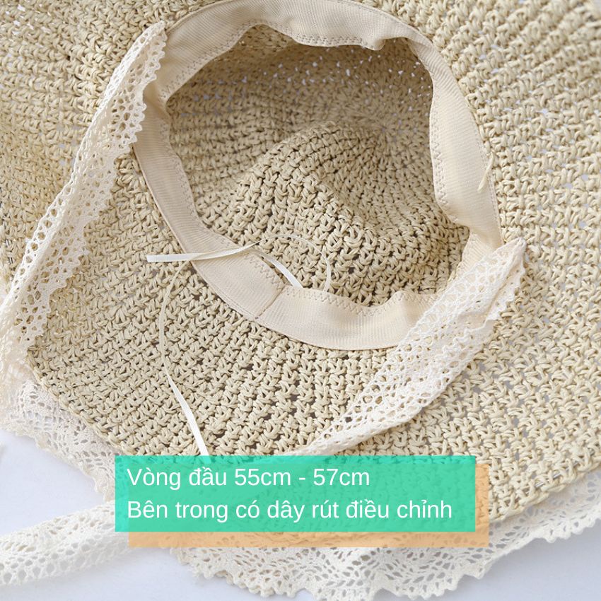 Mũ nón cói mềm viền ren dây ren buộc cổ tiểu thư