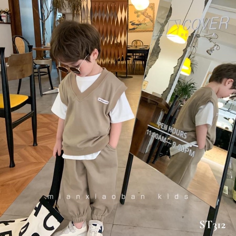 Set gile công tử nâu tây cao cấp bé trai