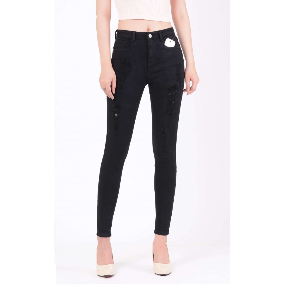 Quần jean nữ skinny màu đen lưng cao rách sợi nhỏ
