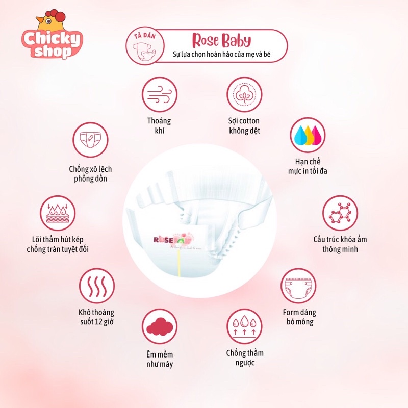 Bỉm dán Rose Baby size NB 60 miếng (&lt;5kg)