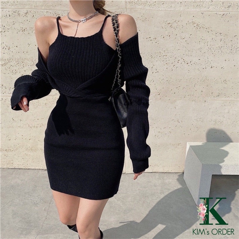 Váy Len Nữ Body Trắng Đen Ghi Hai Dây Cổ V Tay Bồng Dáng Ôm Style Hàn Quốc Sang Chảnh Sexy Nữ Tính Hàng Loại 1