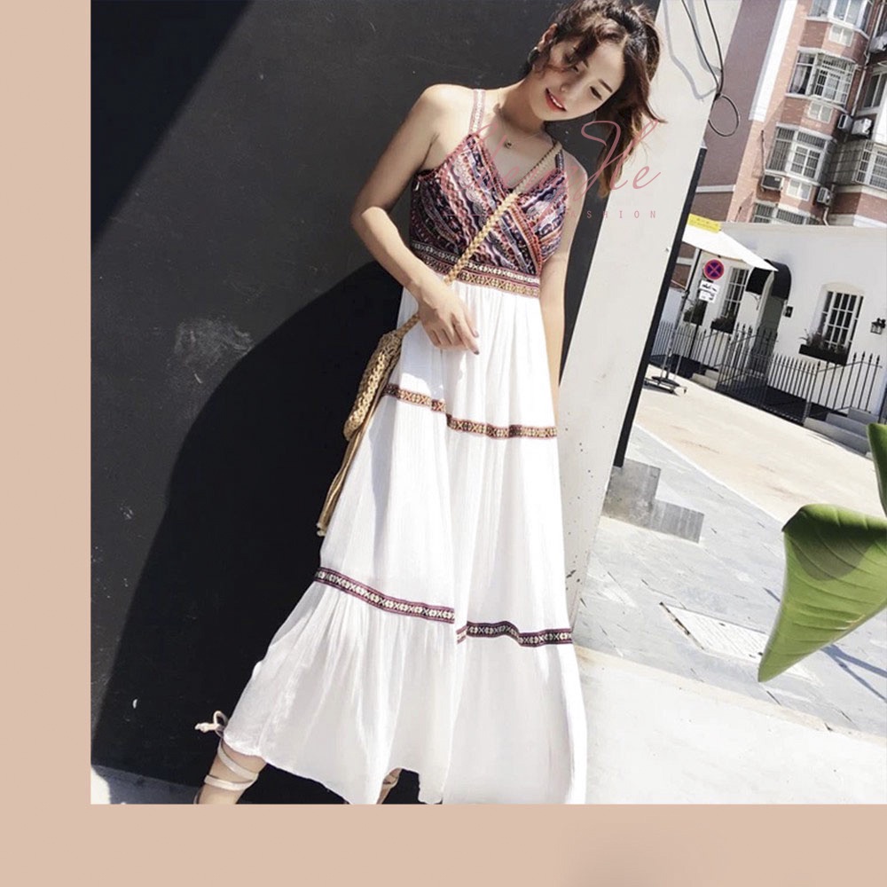 Váy / đầm trắng 2 dây họa tiết thổ cẩm dáng xòe dễ thương thời trang đi biển hè V00080
