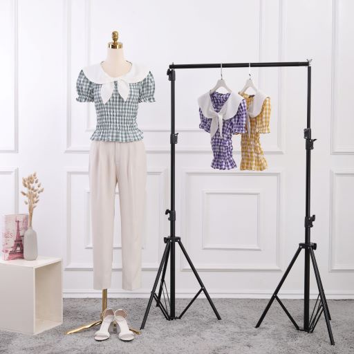 Áo sơ mi kiểu nữ croptop, chun eo, cổ sen phối trắng, kẻ caro, tay bồng, hàng thiết kế cao cấp TK Fashion - SMKA188