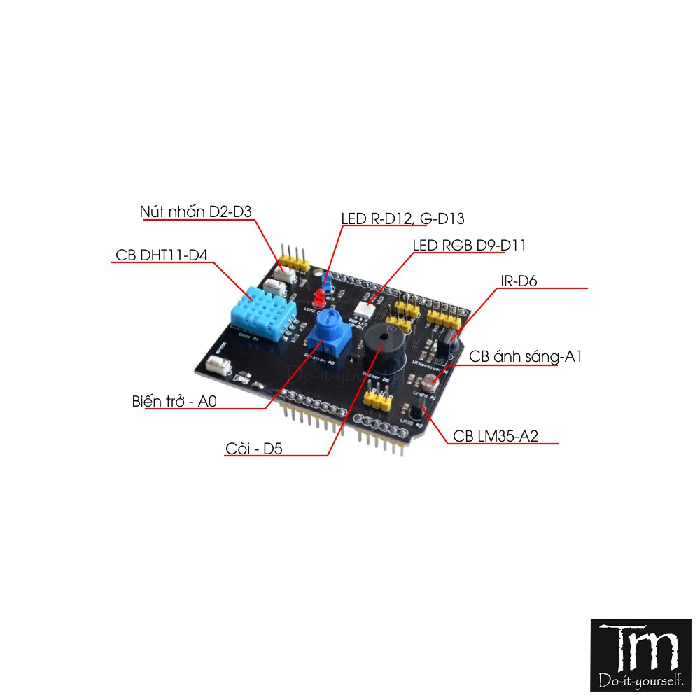 Mạch Mở Rộng 9 in1 Arduino UNO DHT11 LM35 Buzzer IR Photoresistor VR RGB Button Led Shield