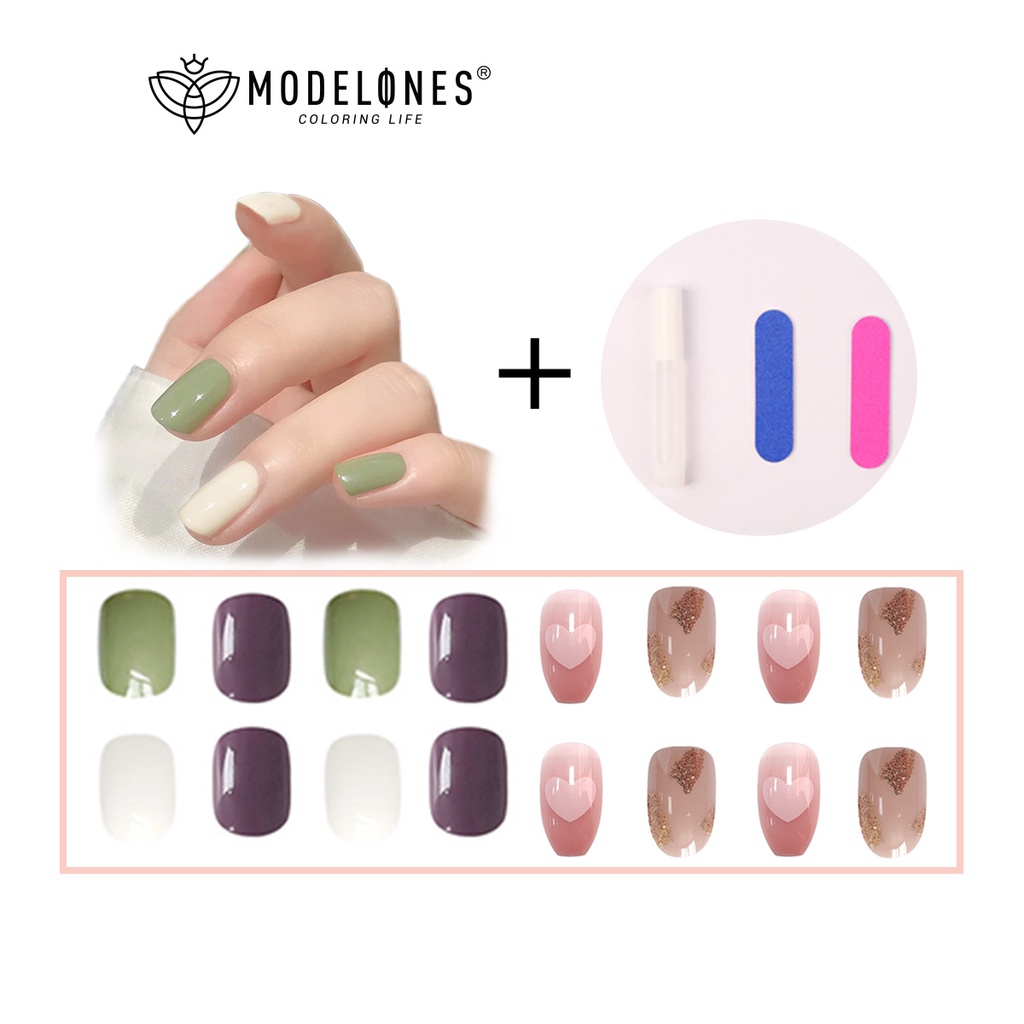 Set 24 móng tay giả ngắn MODELONES kèm đồ dũa và thanh làm móng