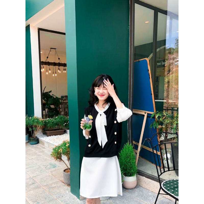 Set đầm trắng phối gile đen nút nơ cổ🦋