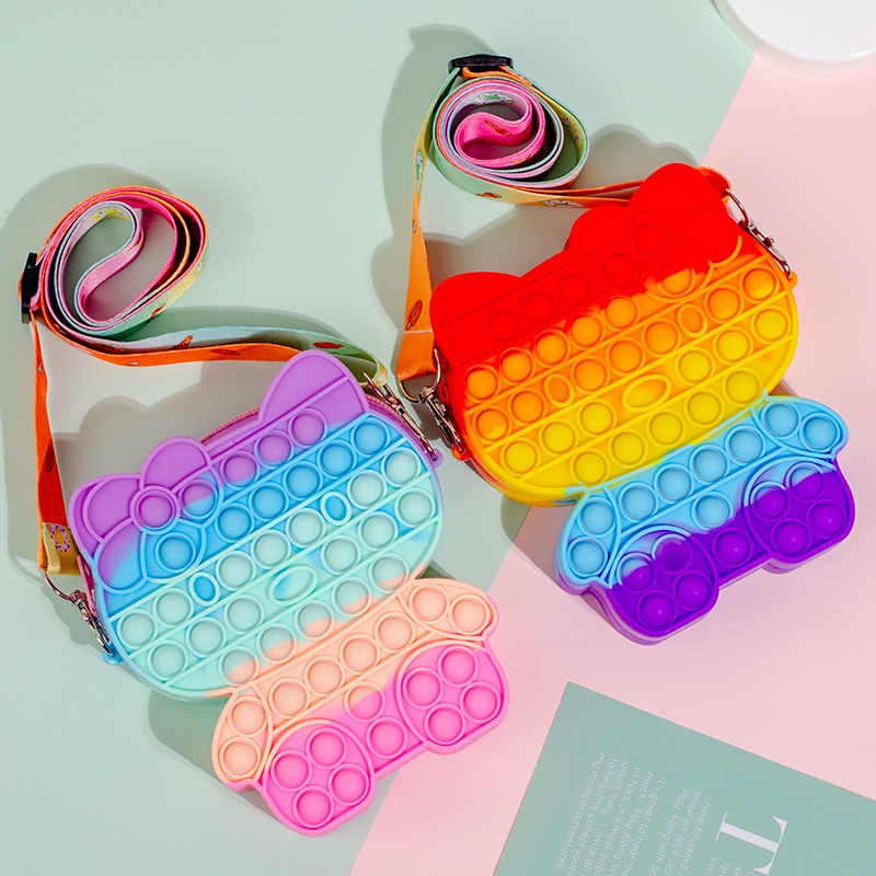 pop it túi Túi đeo chéo hình Hello Kitty màu cầu vồng dễ thương cho bé gái