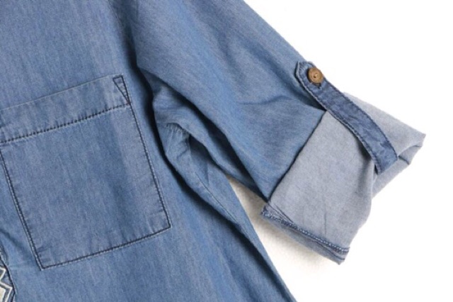 Áo sơmi cổ trụ dáng suông thêu hoạ tiết dư xịn