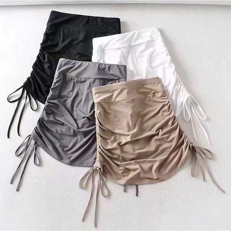 Chân Váy Lưng Cao Phối Dây Rút Co Giãn Màu Trơn Thời Trang Sành Điệu