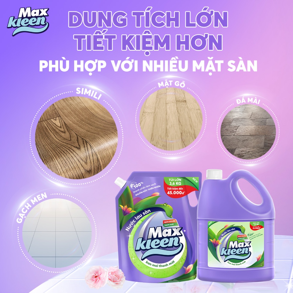 Combo Túi nước giặt xả thiên nhiên 3.6kg + Chai nước lau sàn ban mai 3.6kg + Khăn lau đa năng MaxKleen