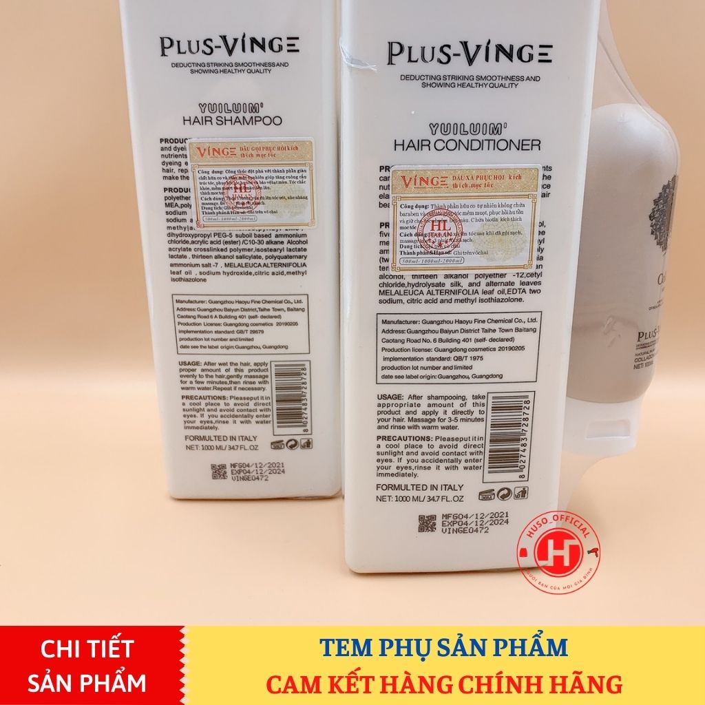 Dầu gội xả Biotin Collagen Vinge 1000ml làm dày, kích mọc tóc, phục hồi tóc hư tổn - HUSO